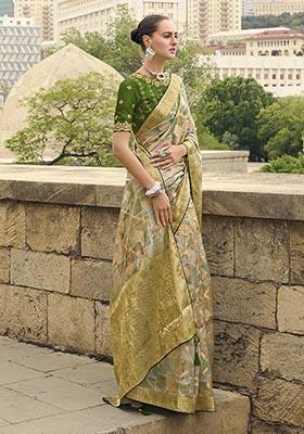 Green Zari Woven Jacquard Saree Set