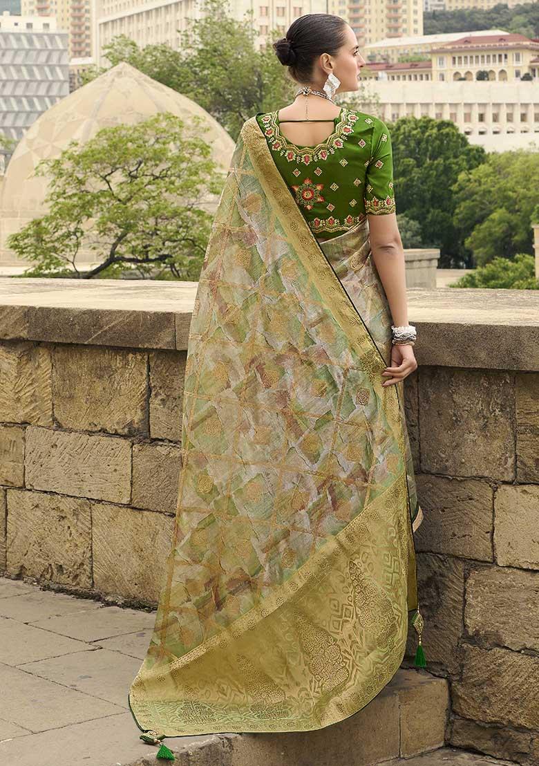 Green Zari Woven Jacquard Saree Set