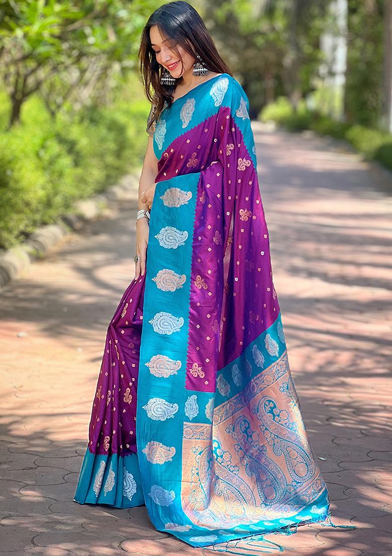 Purple Zari Woven Silk Saree Set