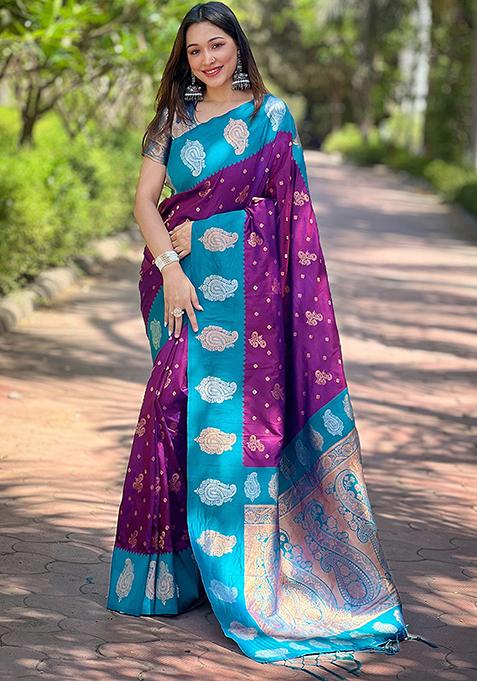 Purple Zari Woven Silk Saree Set