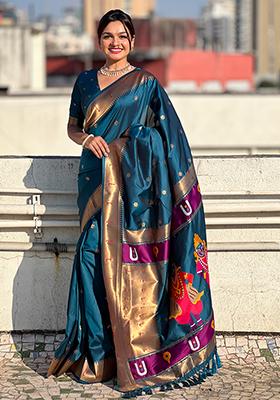 Navy Blue Zari Woven Silk Saree Set