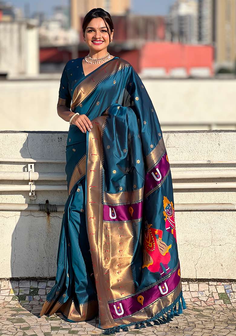Navy Blue Zari Woven Silk Saree Set - Indya