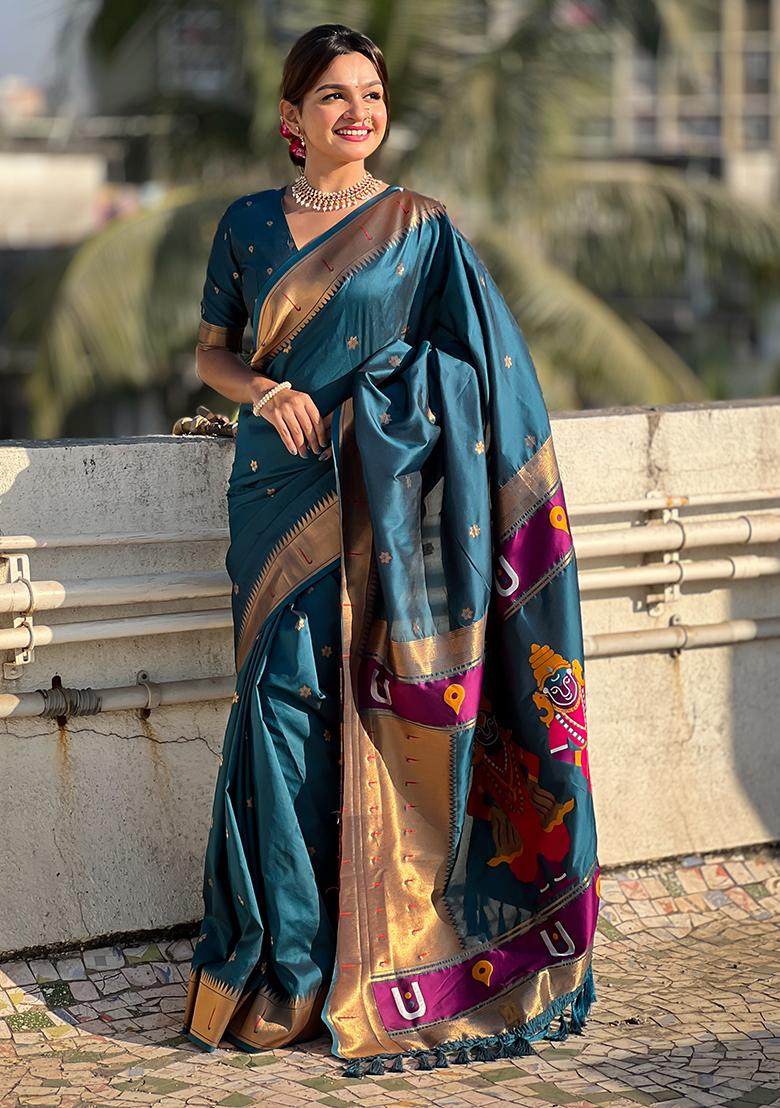 Navy Blue Zari Woven Silk Saree Set