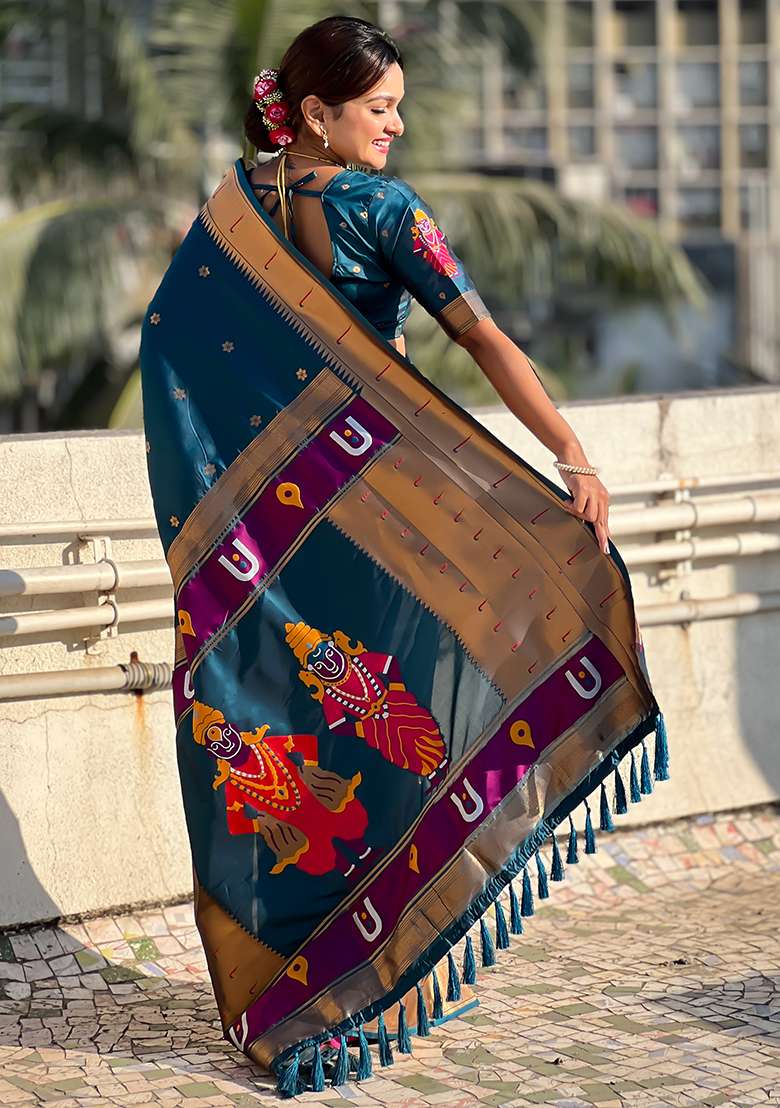 Navy Blue Zari Woven Silk Saree Set - Indya