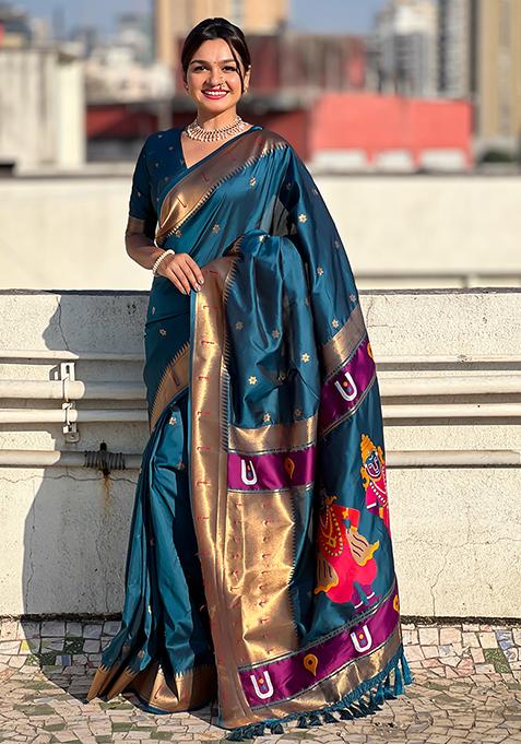 Navy Blue Zari Woven Silk Saree Set