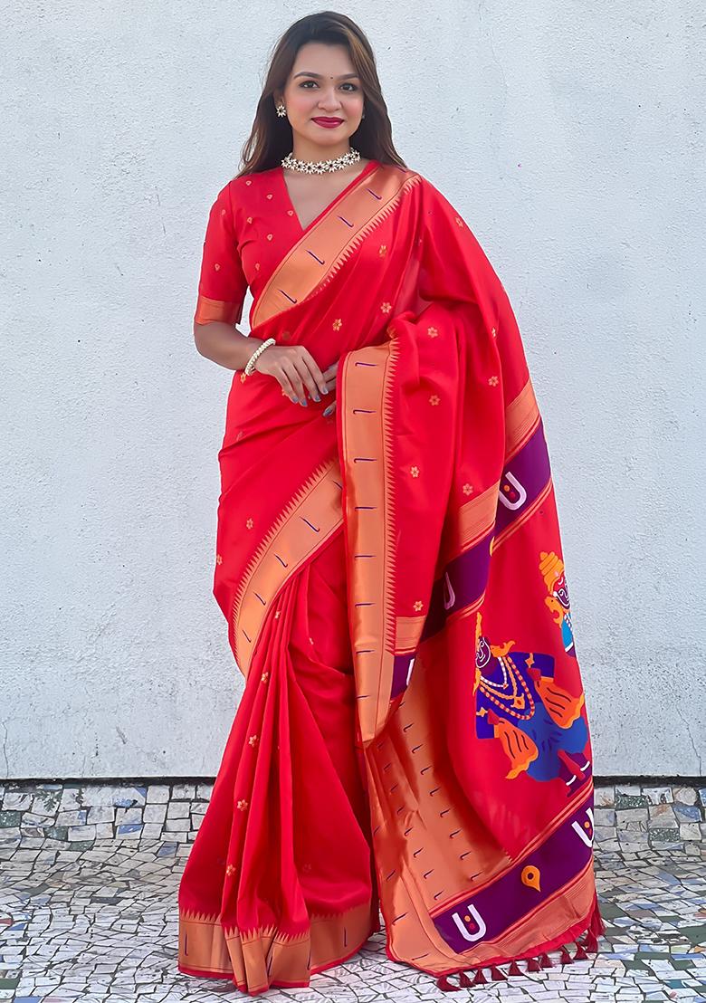 Red Zari Woven Silk Saree Set