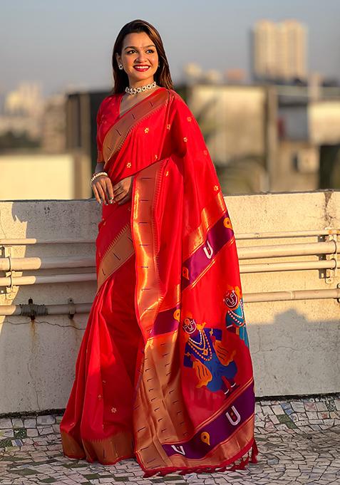 Red Zari Woven Silk Saree Set