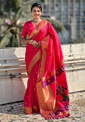 Pink Zari Woven Silk Saree Set