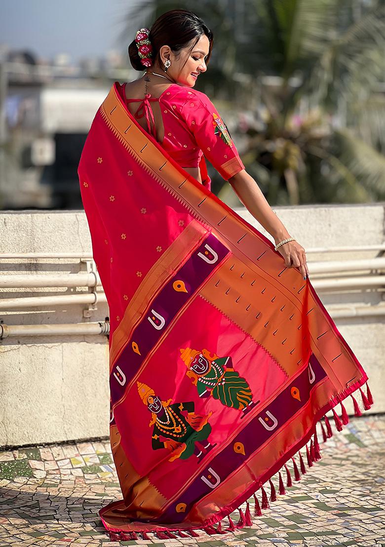 Pink Zari Woven Silk Saree Set