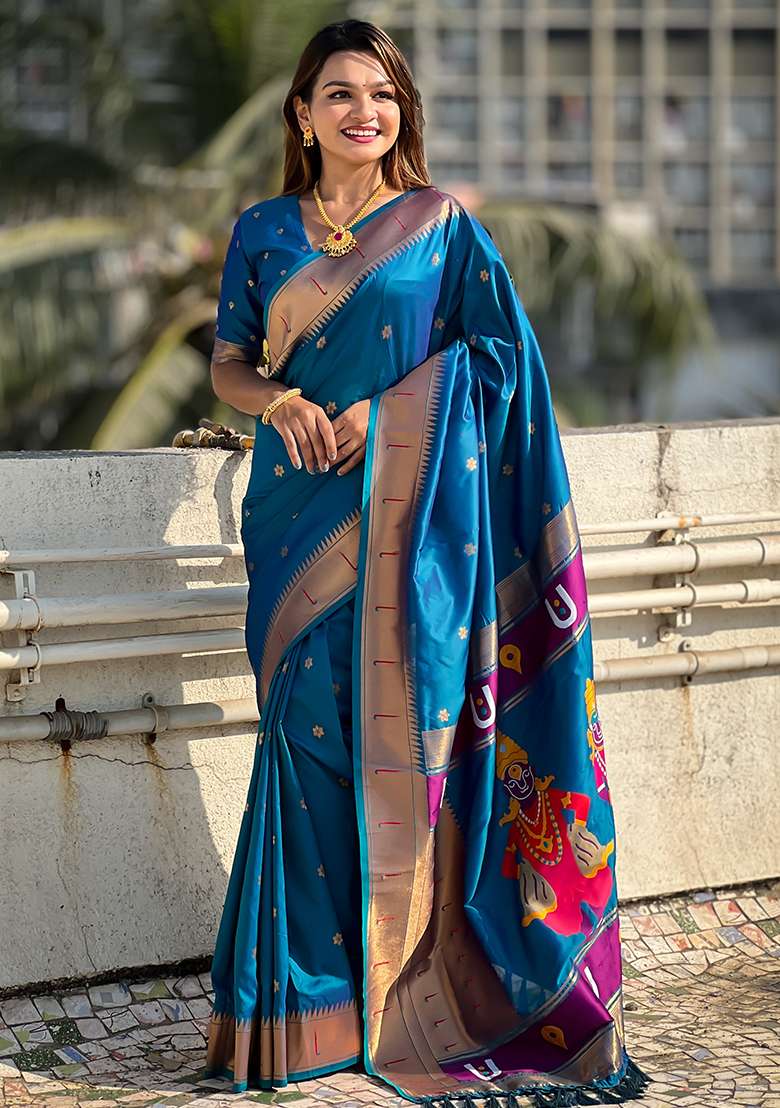 Blue Zari Woven Silk Saree Set - Indya