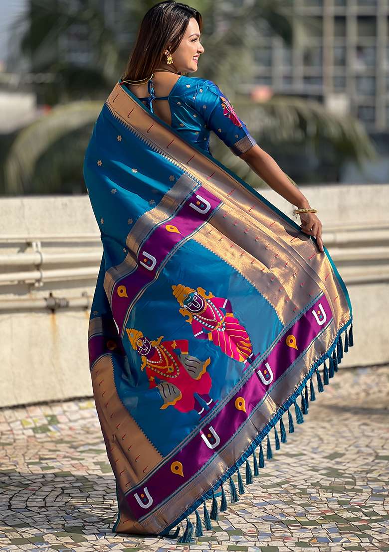 Blue Zari Woven Silk Saree Set - Indya