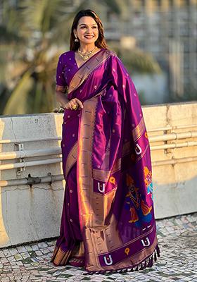 Purple Zari Woven Silk Saree Set