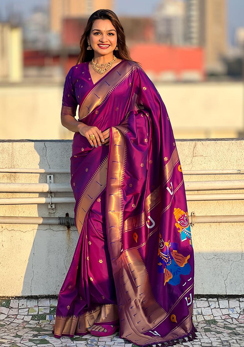 Purple Zari Woven Silk Saree Set