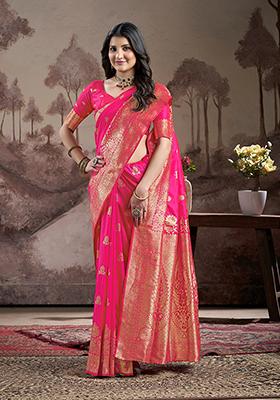 Pink Zari Woven Art Silk Saree Set