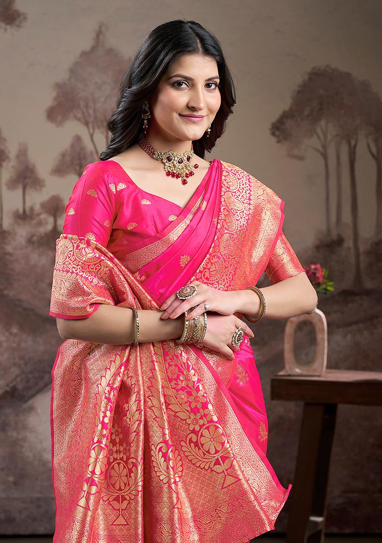 Pink Zari Woven Art Silk Saree Set