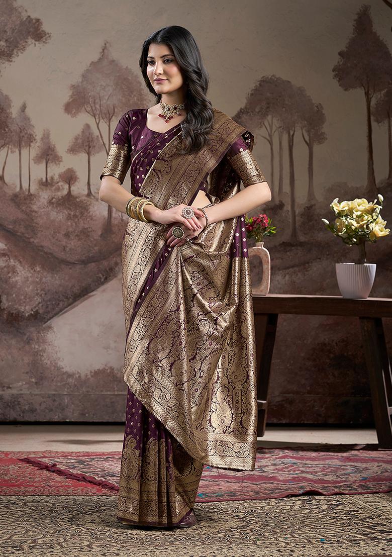 Wine Zari Woven Art Silk Saree Set