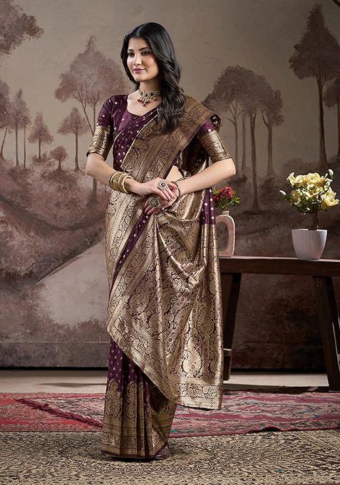 Wine Zari Woven Art Silk Saree Set