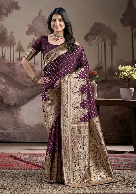 Wine Zari Woven Art Silk Saree Set