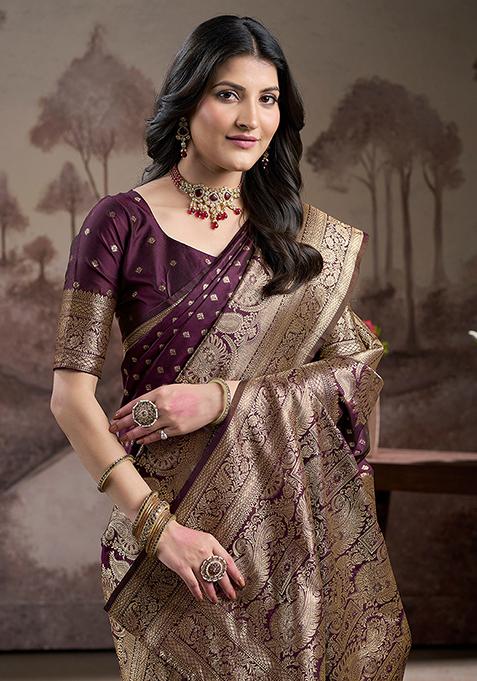 Wine Zari Woven Art Silk Saree Set