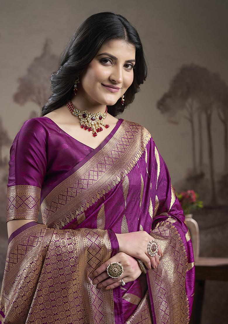 Purple Zari Woven Art Silk Saree Set
