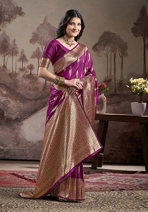 Purple Zari Woven Art Silk Saree Set