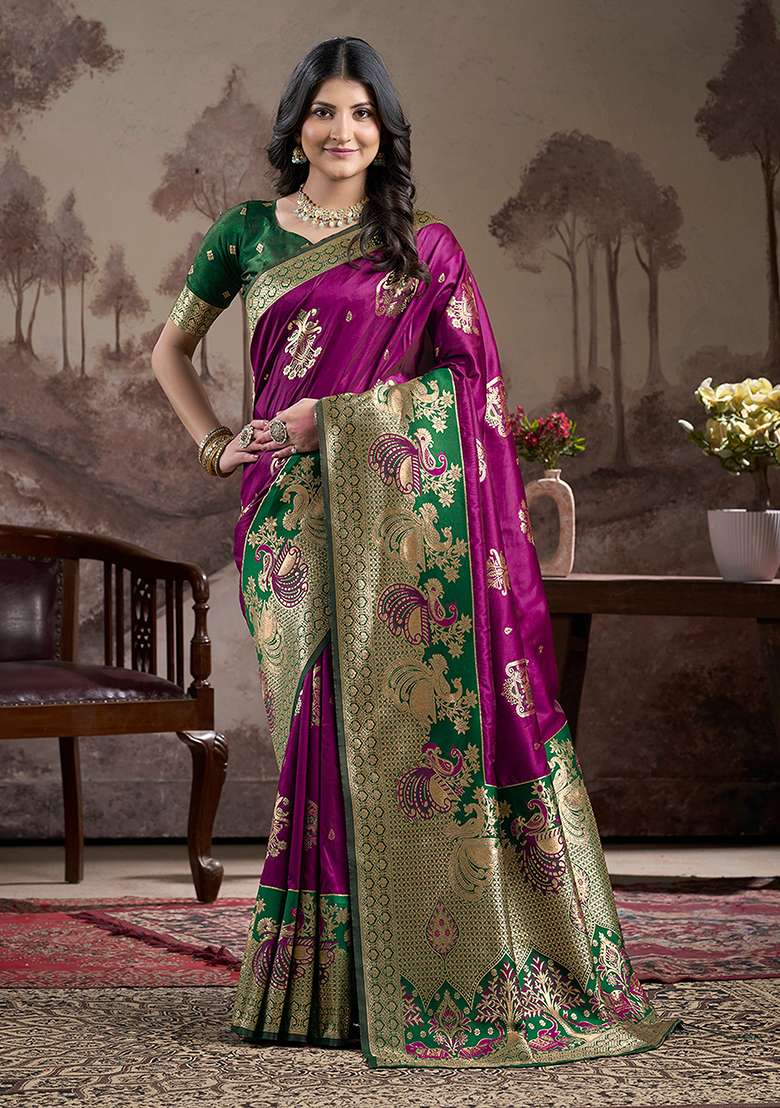 Purple Zari Woven Art Silk Saree Set - Indya