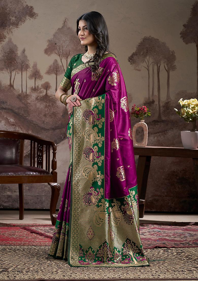 Purple Zari Woven Art Silk Saree Set