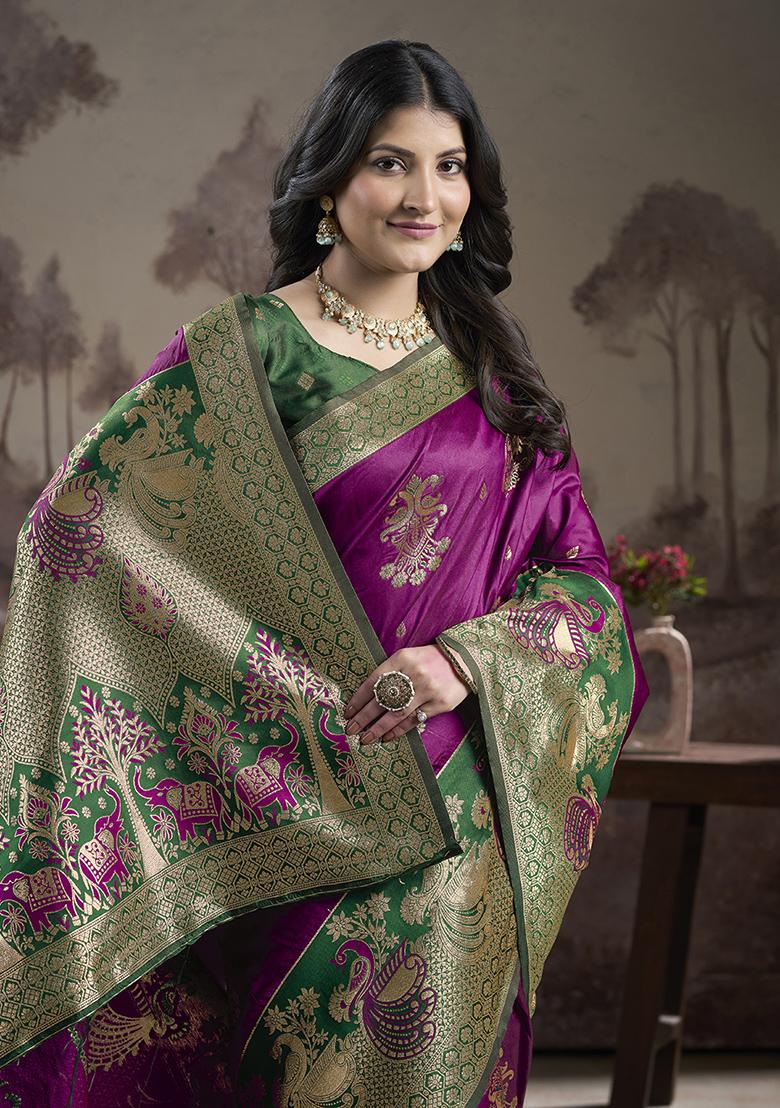 Purple Zari Woven Art Silk Saree Set
