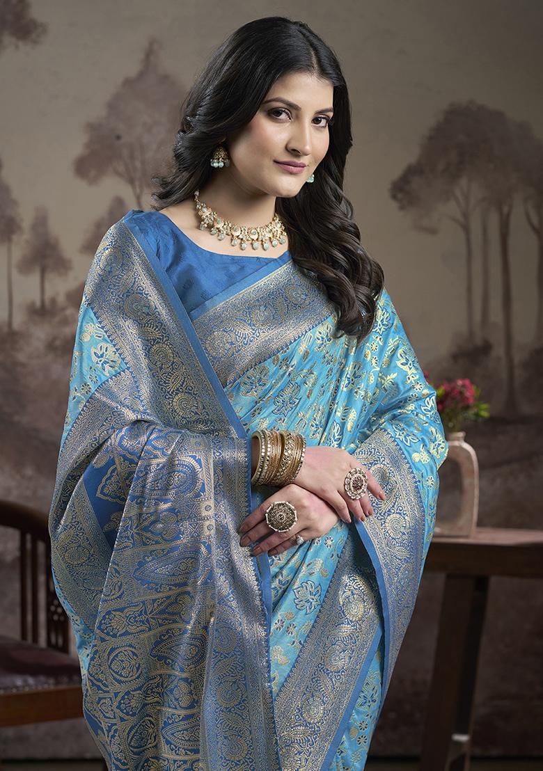 Blue Zari Woven Art Silk Saree Set