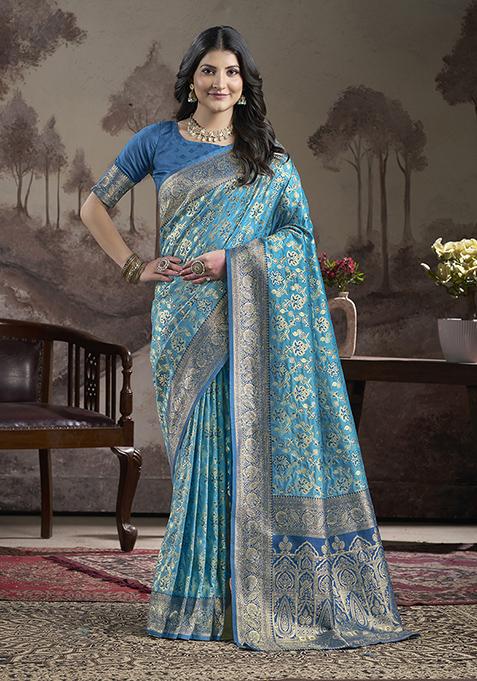 Blue Zari Woven Art Silk Saree Set