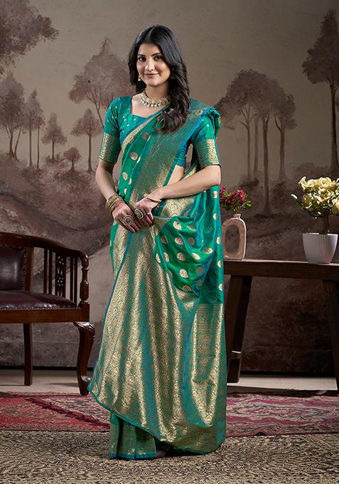 Sea Green Zari Woven Art Silk Saree Set