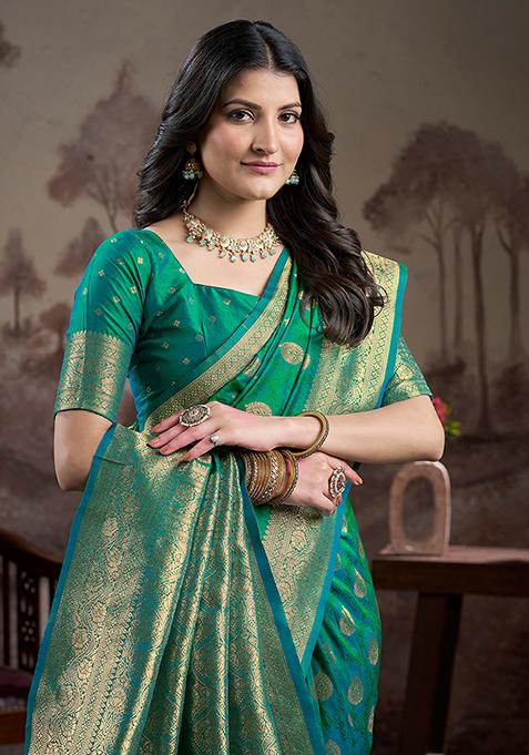 Sea Green Zari Woven Art Silk Saree Set
