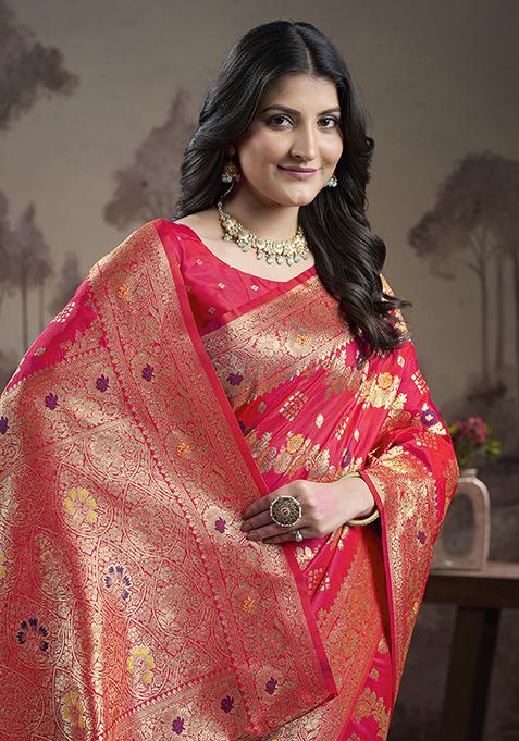 Red Zari Woven Art Silk Saree Set