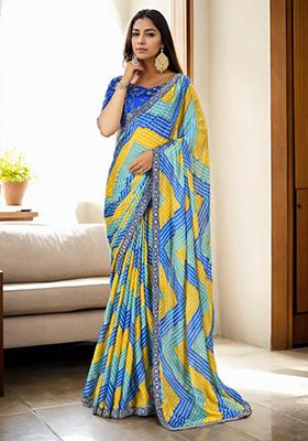 Blue Abstract Print Art Silk Saree Set
