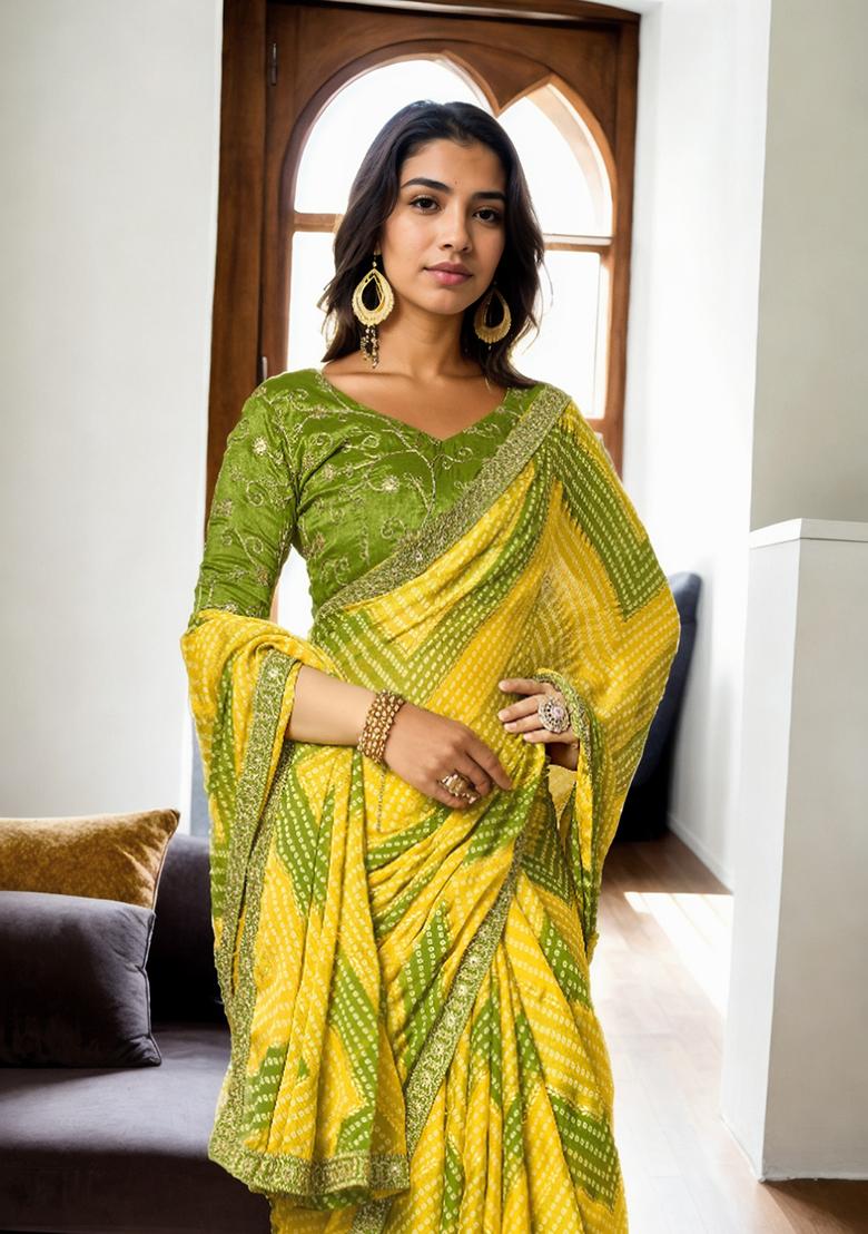 Yellow Abstract Print Art Silk Saree Set