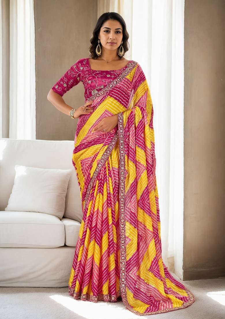Pink Abstract Print Art Silk Saree Set for Diwali and Festive Wear - Indya