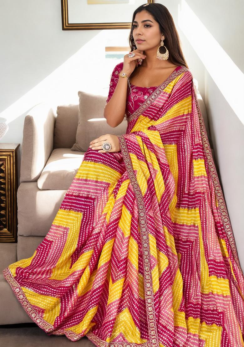 Pink Abstract Print Art Silk Saree Set