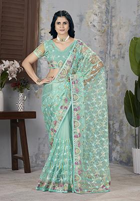 Sea Green Embroidered Net Saree Set