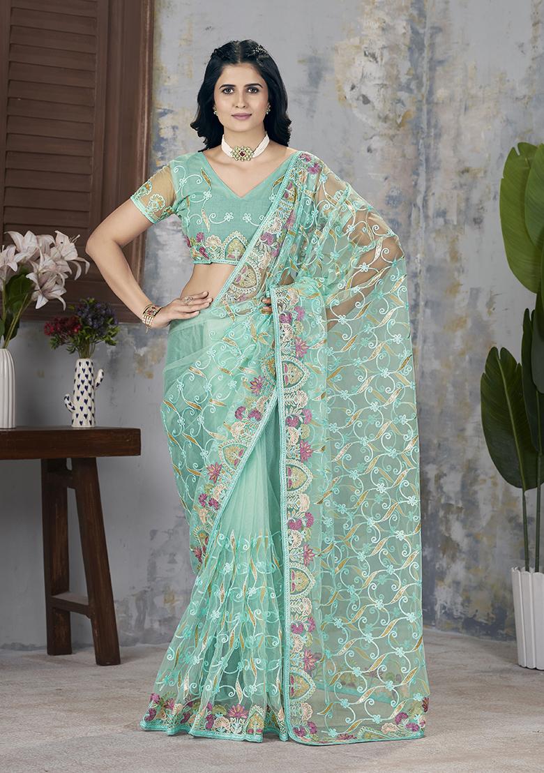 Sea Green Embroidered Net Saree Set