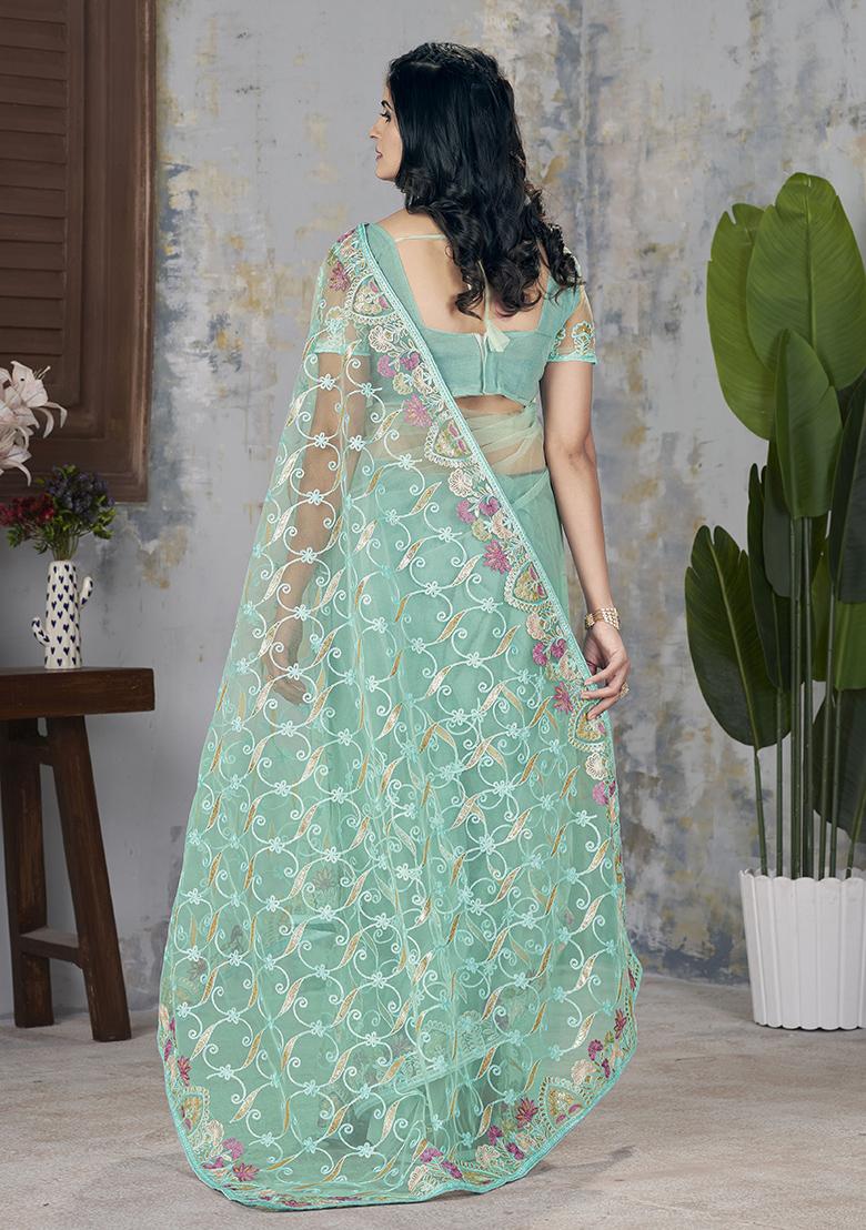 Sea Green Embroidered Net Saree Set
