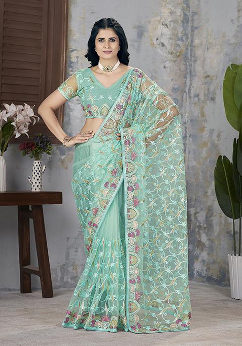 Sea Green Embroidered Net Saree Set