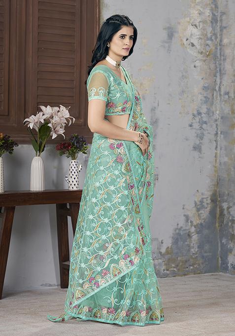 Sea Green Embroidered Net Saree Set