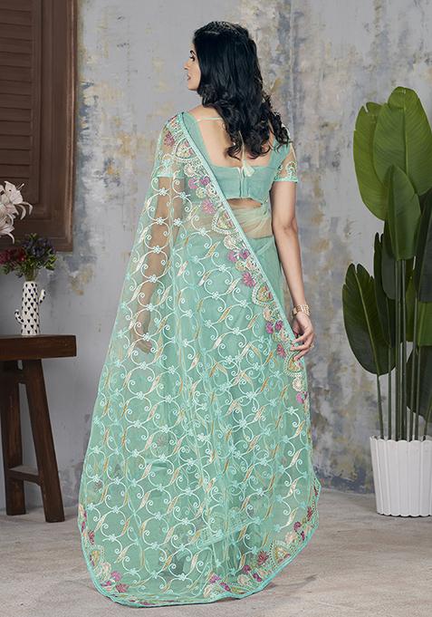 Sea Green Embroidered Net Saree Set