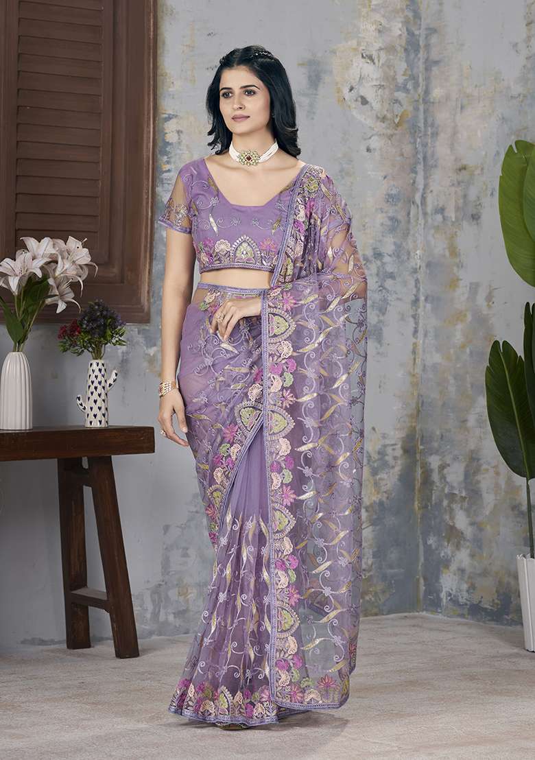Purple Embroidered Net Saree Set - Indya