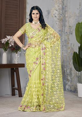 Green Embroidered Net Saree Set