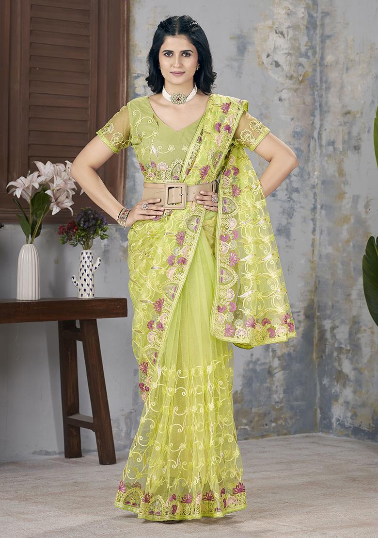Green Embroidered Net Saree Set