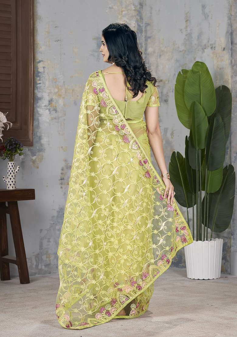 Green Embroidered Net Saree Set for Diwali and Festive Wear - Indya