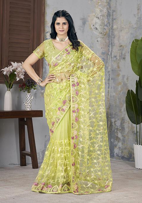 Green Embroidered Net Saree Set