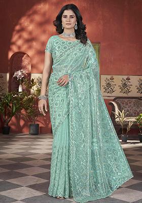 Sea Green Sequin Work Tissue Saree Set