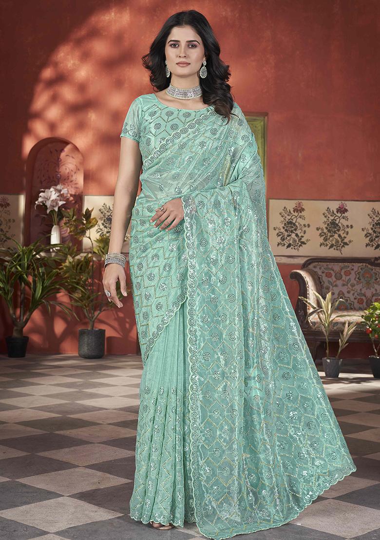 Sea Green Sequin Work Tissue Saree Set